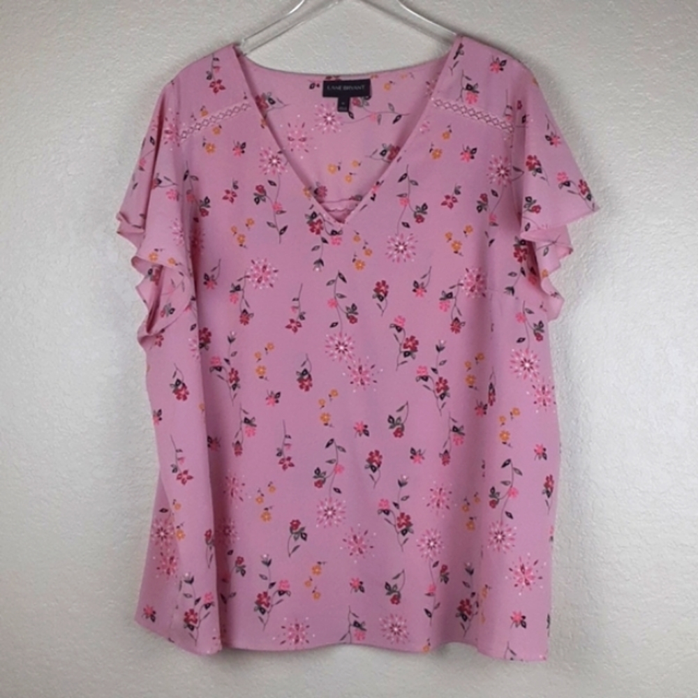 Lane Bryant Pink Floral Print Flutter Sleeve with Lace Details V-neck Blouse